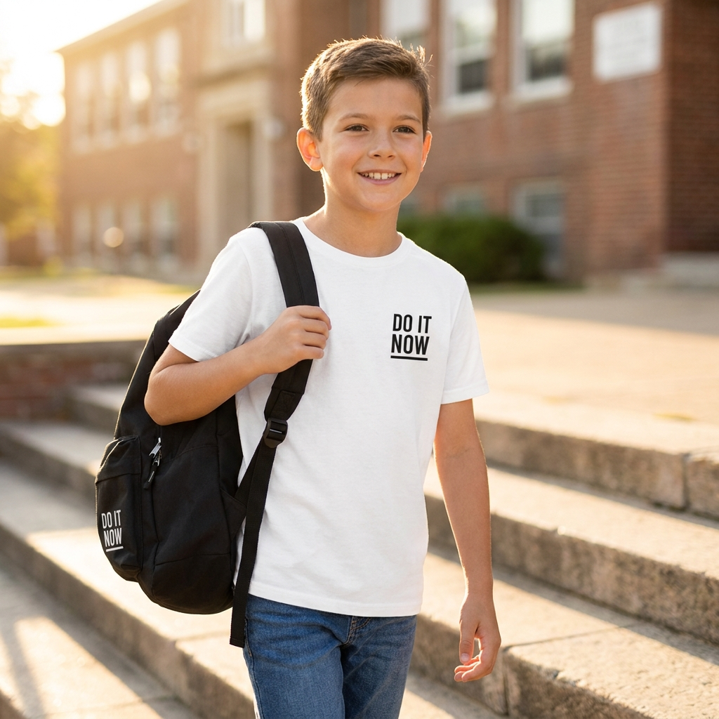 Do it NOW Back to School collection - kid with DO IT NOW tee and backpack