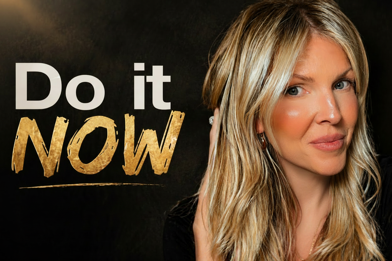 Motivational poster with a woman's face and 'Do it NOW' text on a dark background