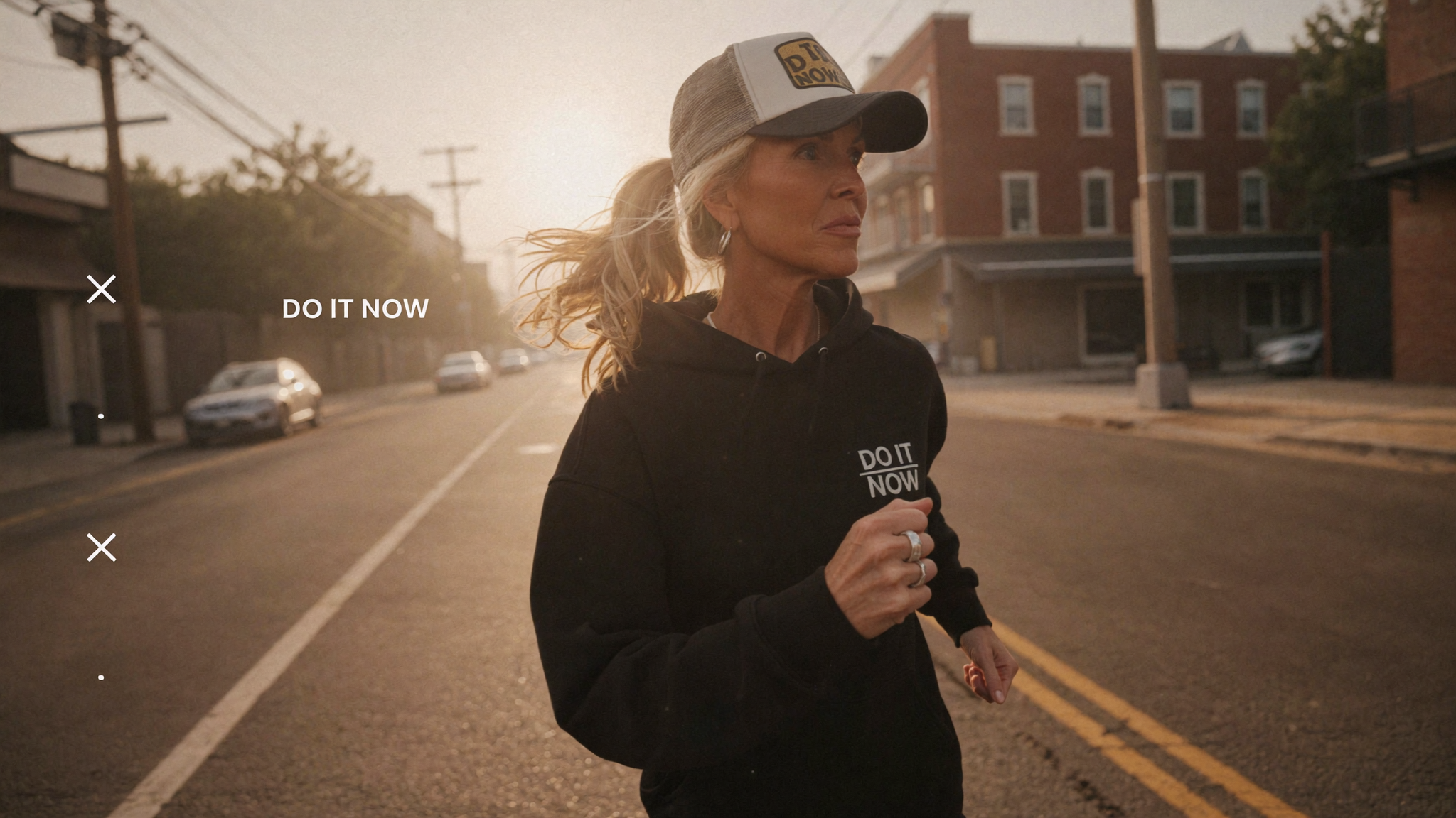Do It NOW hero - woman running at sunrise in black Do It NOW hoodie and trucker cap